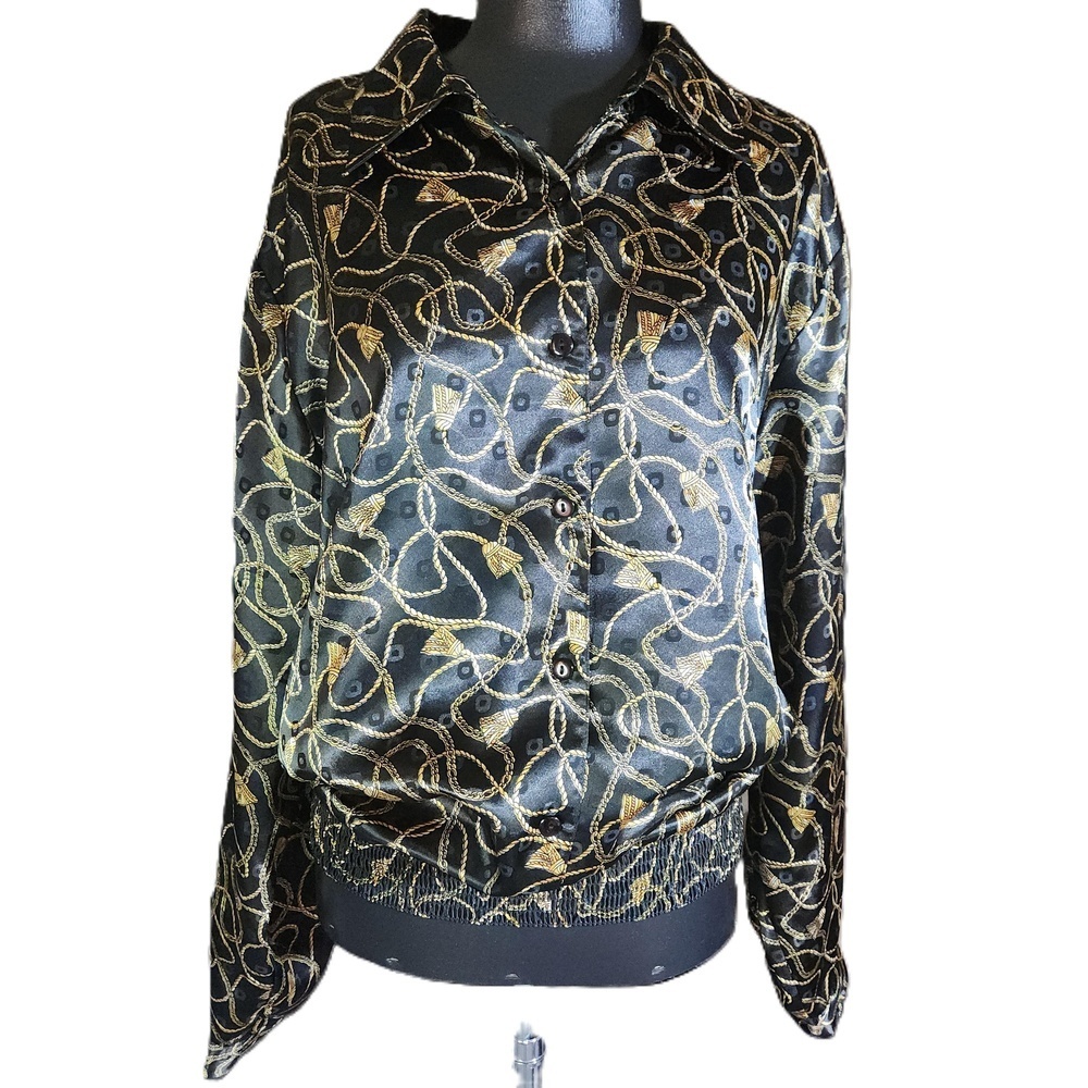 Notations Womens Black Gold Long Sleeve Button Up Blouse 22W